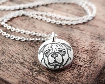 Tiny Pug necklace in silver, dog memorial jewelry