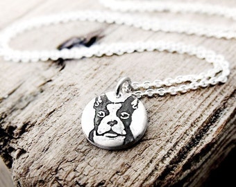Tiny Boston Terrier necklace in silver, dog memorial jewelry