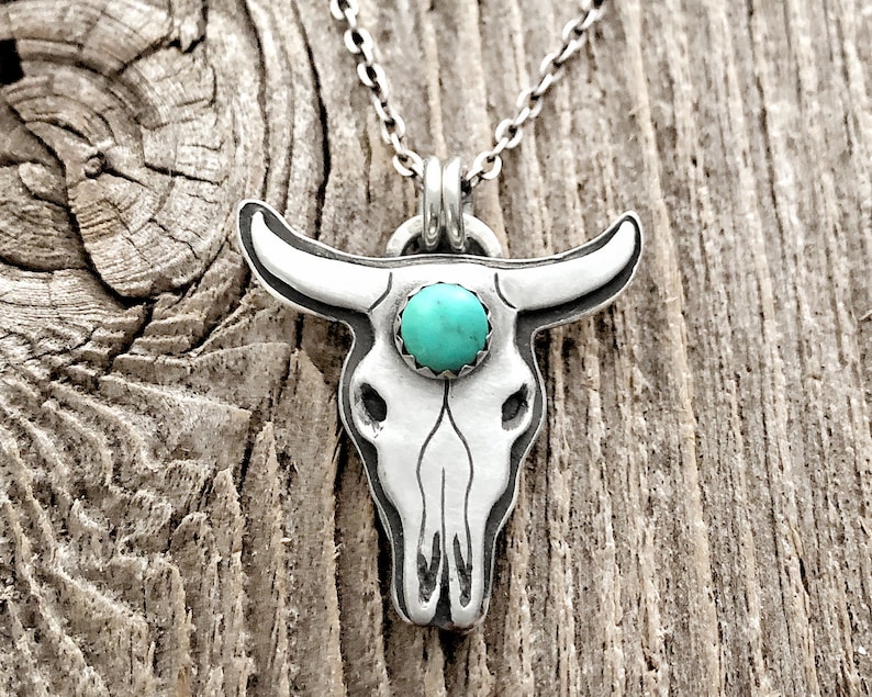 Sterling silver Cow skull necklace with Arizona Turquoise Etsy
