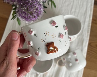 Keramik Tasse Handgefertigt, Handmade Ceramic Mug, Kaffeetasse handgemacht, 24K Gold, Gift for her, Unikat Teetasse, Teamug - ROMANTIC BEAR