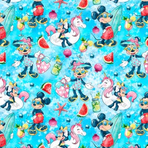 Può includere: Uno schema senza cuciture con personaggi dei cartoni animati su uno sfondo blu con schizzi bianchi. I personaggi includono Topolino, Minnie Mouse e unicorni. Lo schema include anche fette di anguria, conchiglie e stelle marine.