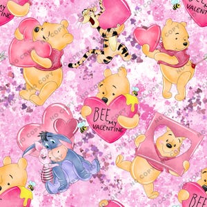 May include: A pink and white background with a repeating pattern of cartoon characters holding hearts. The characters include Winnie the Pooh, Tigger, and Piglet. The hearts have the text "Bee My Valentine" on them.