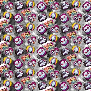 May include: A white background with a repeating pattern of black and white images of Jack Skellington and Sally from the Nightmare Before Christmas movie. The images are surrounded by a pink heart with the word "Trick" in a colorful font.