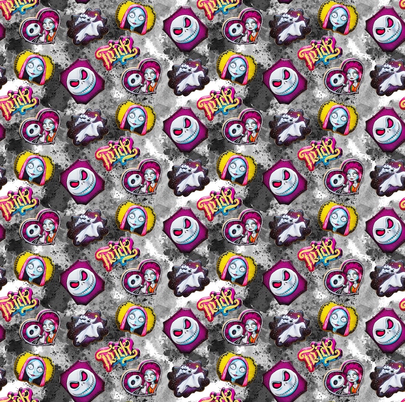 May include: A white background with a repeating pattern of black and white images of Jack Skellington and Sally from the Nightmare Before Christmas movie. The images are surrounded by a pink heart with the word "Trick" in a colorful font.