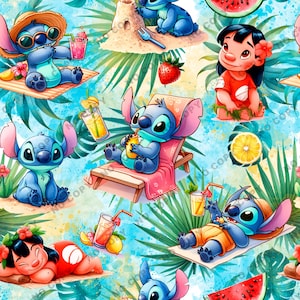 May include: A seamless pattern featuring blue Stitch characters from the Disney movie Lilo & Stitch. Stitch is depicted in various poses, including relaxing on a beach chair, holding a drink, and building a sandcastle. The background features tropical leaves, lemons, watermelons, and a blue sky.
