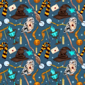 May include: A seamless pattern featuring various Harry Potter themed illustrations on a blue background. The pattern includes a golden snitch, a Hogwarts house scarf, a broomstick, a wizard's hat, a snowy owl, a goblet, and a pair of round glasses.
