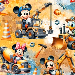 Peut inclure: Un tissu à thème de construction jaune et orange avec Mickey Mouse, Minnie Mouse, Donald Duck et Dingo conduisant des véhicules de chantier. L'arrière-plan est une aquarelle jaune.