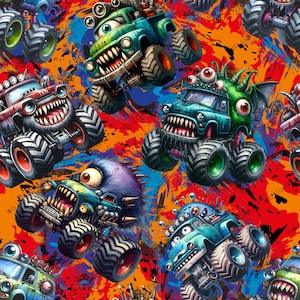 May include: A seamless pattern featuring colorful monster trucks with large wheels and cartoonish faces. The trucks are set against a bright orange and blue background with splattered paint.