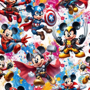 Op de afbeelding: Een kleurrijk naadloos patroon met Mickey Mouse verkleed als verschillende superhelden. Mickey is verkleed als Spiderman, Captain America, Wolverine, Thor en The Flash. De achtergrond is een wit canvas met kleurrijke verfspatten.