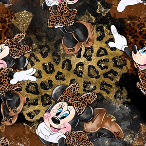 May include: A seamless pattern featuring a cartoon mouse with a black bow and a leopard print dress. The background is a brown and gold leopard print with glitter accents.