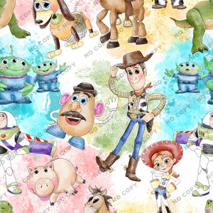 May include: A watercolor illustration of various Toy Story characters including Woody, Buzz Lightyear, Mr. and Mrs. Potato Head, Slinky Dog, Rex, and Hamm. The characters are on a white background with colorful watercolor splatters.