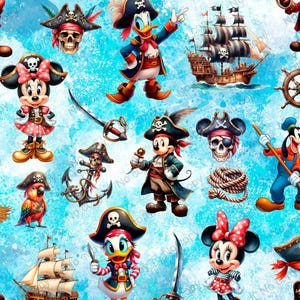 Op de afbeelding: Een naadloos patroon met verschillende Disney-personages die verkleed zijn als piraten op een blauwe aquarel achtergrond. Mickey Mouse, Minnie Mouse, Donald Duck, Goofy en een piratenschip zijn te zien in het ontwerp.