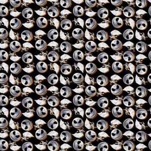 Puede incluir: Un fondo negro con un patrón repetido de la cara de Jack Skellington de la película Pesadilla antes de Navidad. La cara es blanca con costuras negras y una boca negra. La cara está rodeada por una figura blanca alada.