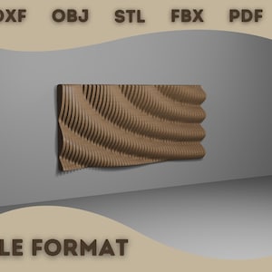 May include: A brown, wave-patterned wall panel with a layered design. The image includes the text "DXF, OBJ, STL, FBX, PDF" at the top and "FILE FORMAT" at the bottom. The panel is mounted on a gray wall.