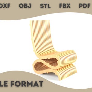May include: A light-colored wooden chair with a unique, curved design. The chair is made of layered wooden slats, creating a wavy, ergonomic shape. The image also displays the text "DXF, OBJ, STL, FBX, PDF" and "FILE FORMAT".