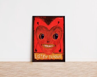 Ascolta il tuo cuore, Appassionato di musica, Affermazione positiva, Citazioni di ispirazione, Stampa artistica da parete, Poster rosso, Illustrazione a forma di cuore per bambini