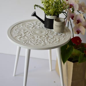 White Carved Wood Side Table: Floral Mandala, Boho Accent Decor