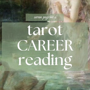 May include: A green and white image with two swans in a pond. The text "swan psychic's tarot CAREER reading" is superimposed on the image.