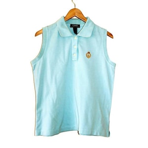 Vintage Lauren Ralph Lauren Sleeveless Polo Shirt - Light Blue Cotton Collared Top - Size L (Fits M) - Made in USA - Preppy Y2K Classic