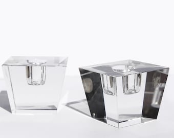 Minimalist Square Crystal Candleholders, Vintage Bohemia Czech Tapered Candleholders, Block Shaped,  Mid Century Modern Decor MCM