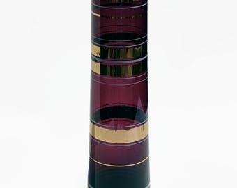 Vintage MCM Borske Sklo Purple & Gold Vase, Tall Minimalist Vase with Gold Bands, Czech Art Glass