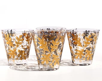 Gilded Mid Century Tumblers, Gold Leaf Glasses, MCM Barware, Oak Leaf & Acorn Design