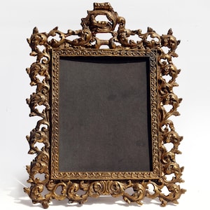 Ornate Victorian Antique Brass Frame Baroque Gilt Metal Photo Frame Rococo Table Top Frame with Easel  17&quot; x 13&quot; Fits Photo 9.5 x 7.5&quot;