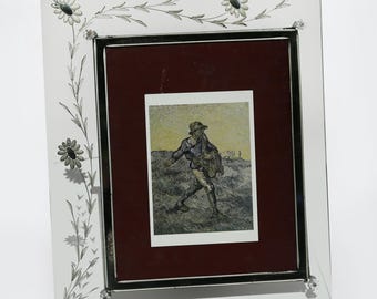 Art-Deco-Fotorahmen aus geätztem Glas mit Kristallblumen, Silbervergoldung, seltener antiker Blumenrahmen der 1920er Jahre