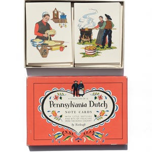 Tarjetas antiguas de Pensilvania holandesa, arte popular, ilustraciones amish, tarjetas y sobres de los años 60, pájaros encantadores, recolección de manzanas, gallinas, agricultura