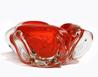 Murano Art Glass Bowl / Abstract Murano Sommerso bowl / Orange Rippled Edge Murano Bowl / Red Murano bowl / Murano Ashtray / MCM Murano