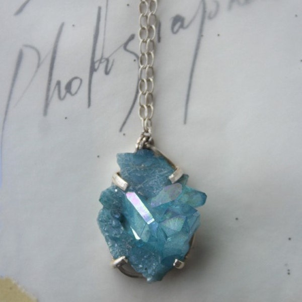 Aqua aura druzy necklace - Sterling silver setting and chain