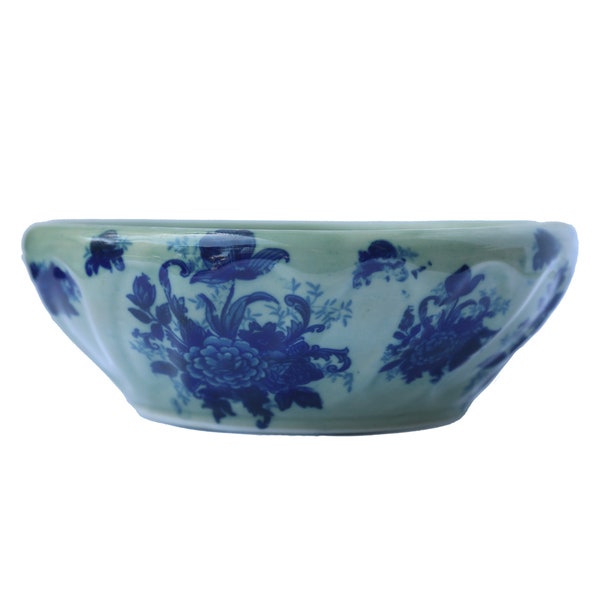 Vintage Floral Ceramic Planter / Wide Low Planter / Ceramic Bulb Planter / Green Blue / Victorian Style / Orchid Bowl / Narcissi Planter