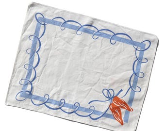 6 Vintage Southwestern Summer Napkins, Whimsical Chili Pepper & Ribbon Border Print, Blue Orange White Linen Napkins