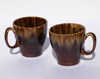 Vintage 70's Brown Drip Glaze Mugs Studio Pottery Cottagecore Pair of Handmade Mugs Folk Style Mugs Made in the USA