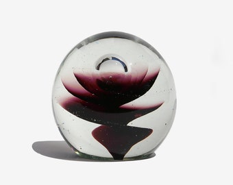 MCM Round Glass Purple Swirl Paperweight Abstract Minimalist Artistic Art Glass Mid Century Home Decor