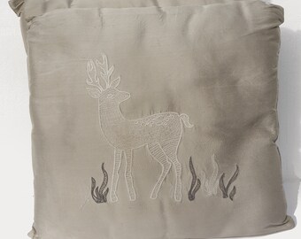 Pair of vintage West Elm Silk Cushion Pillow Covers Reindeer Deer Embroidery Scandi Home Christmas Decor Gray Taupe Winter Cushion Covers