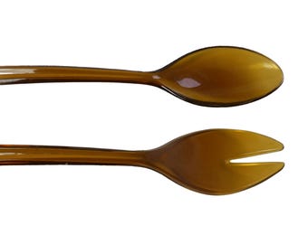 Mid Century Modern Amber Lucite Salad Servers, Vintage 1970s Serving Utensils, Made in the USA