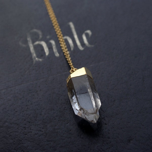 PREMIUM- Quartz crystal point necklace - Gold dipped raw crystal necklace on antique finish brass chain - Tribal talisman necklace