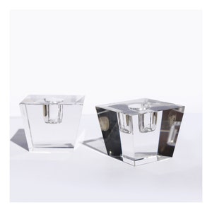 Vintage Block Shaped MCM Bohemia Glass Crystal Candle Holders Square Shape Minimal Modern Czech Mid Century Modern Pair of Candleholders image 5