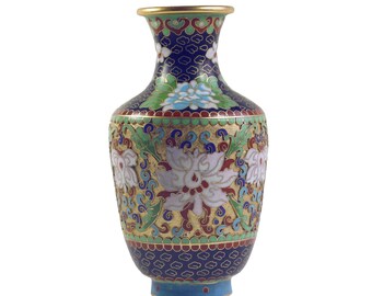 Antique Chinese Cloisonné Vase, Late Qing Dynasty c. 1900, Blue Enamel Floral Cabinet Vase, 6″