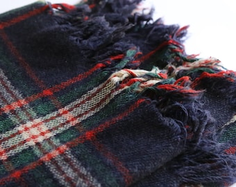 Vintage Wool Plaid Tartan Blanket Throw Navy Red Green White Classic Fringe Square Wool Blanket Ski Lodge Throw Cottagecore