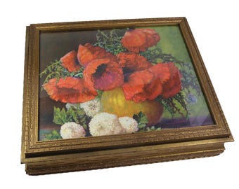 Ornate Antique Floral Mirror Storage Box, McCreery & Co New York, 1900's Wooden Gold Vanity Case, Gilded Age Trinket Jewelry Box