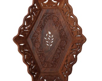 Indian Rosewood Floral Inlay Tray, Hand Carved Sheesham Wood Wall Decor, Boho Wall Hanging, Made in India