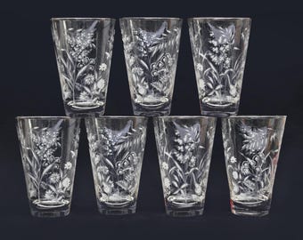7 Vintage Mid Century Etched Libbey Glasses with White Floral Print, Garden Lovers Gift, Botanical Barware