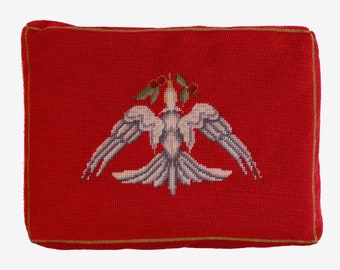 Vintage Red Needlepoint Cushion Peace Dove Olive Branch Bird French Country Farmhouse Decor Rectangle Throw Pillow Xmas Decor