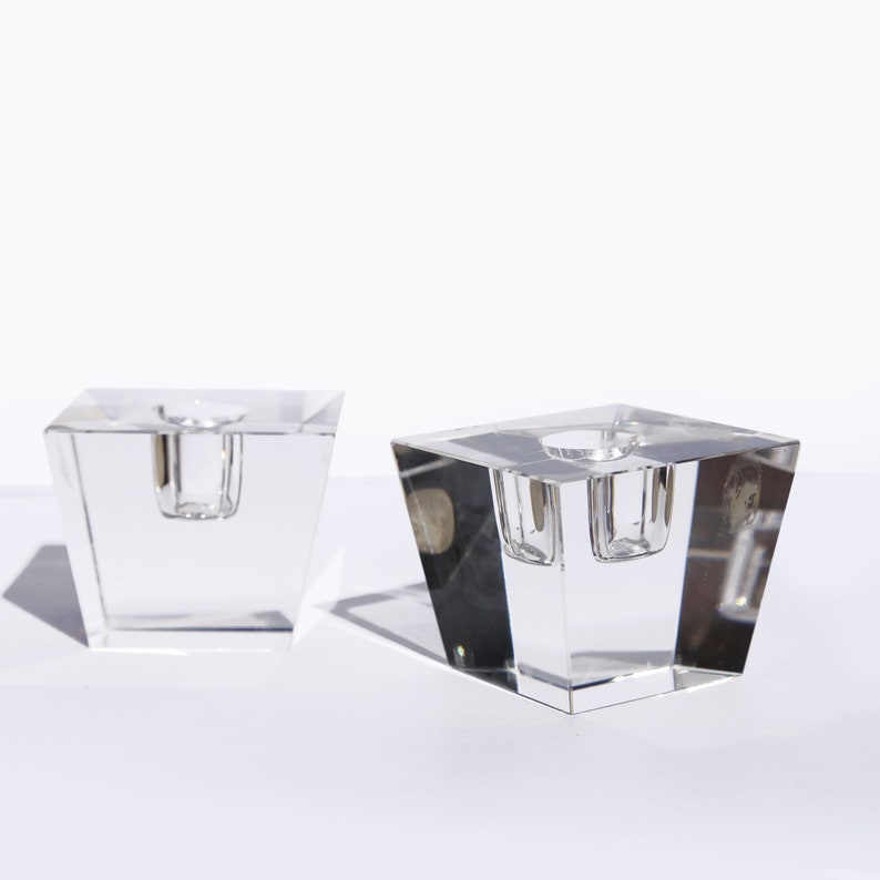 Vintage Block Shaped MCM Bohemia Glass Crystal Candle Holders Square Shape Minimal Modern Czech Mid Century Modern Pair of Candleholders image 1