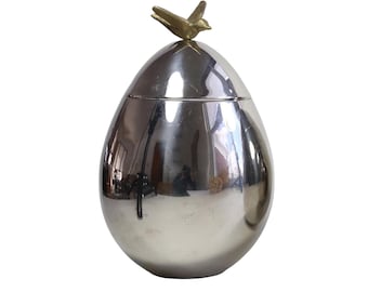 Michael Aram Silver Egg Shaped Dove Canister, Rare Flights of Fancy Collection, Modern Oval Steel Jar, Brass Bird Knobs