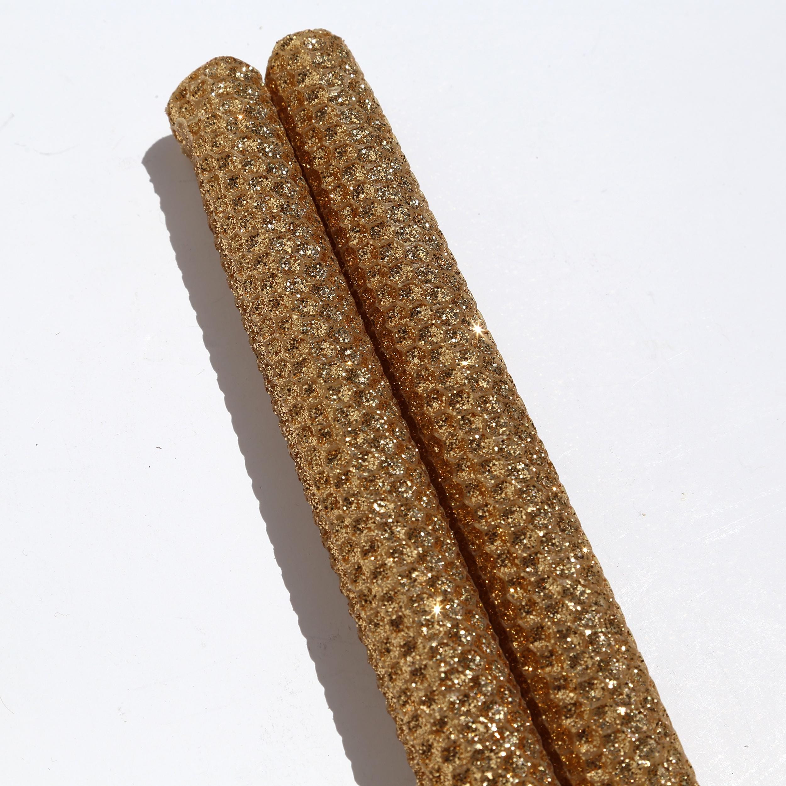 Vintage Gold Glitter 12” Handmade Beeswax Taper Candles Pair NIP Oak Forest Design Co.