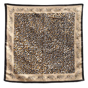 Vintage 1970's Cheetah Print Leopard Scarf Auteuil Fabrics NY Bandana Neck Scarf Polyester Made in Italy Tan Black Yellow Small Square