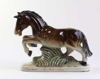 Vintage Ceramic Horse Figurine, Brown and White Glaze, Made in Japan, Equestrian Mid Century Kitsch Decor
